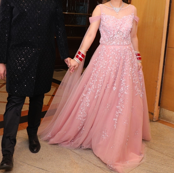 Shankuntlam Beautiful Pink Heavy Wedding Ball Gown with bell sleeves - Picture 2 of 6